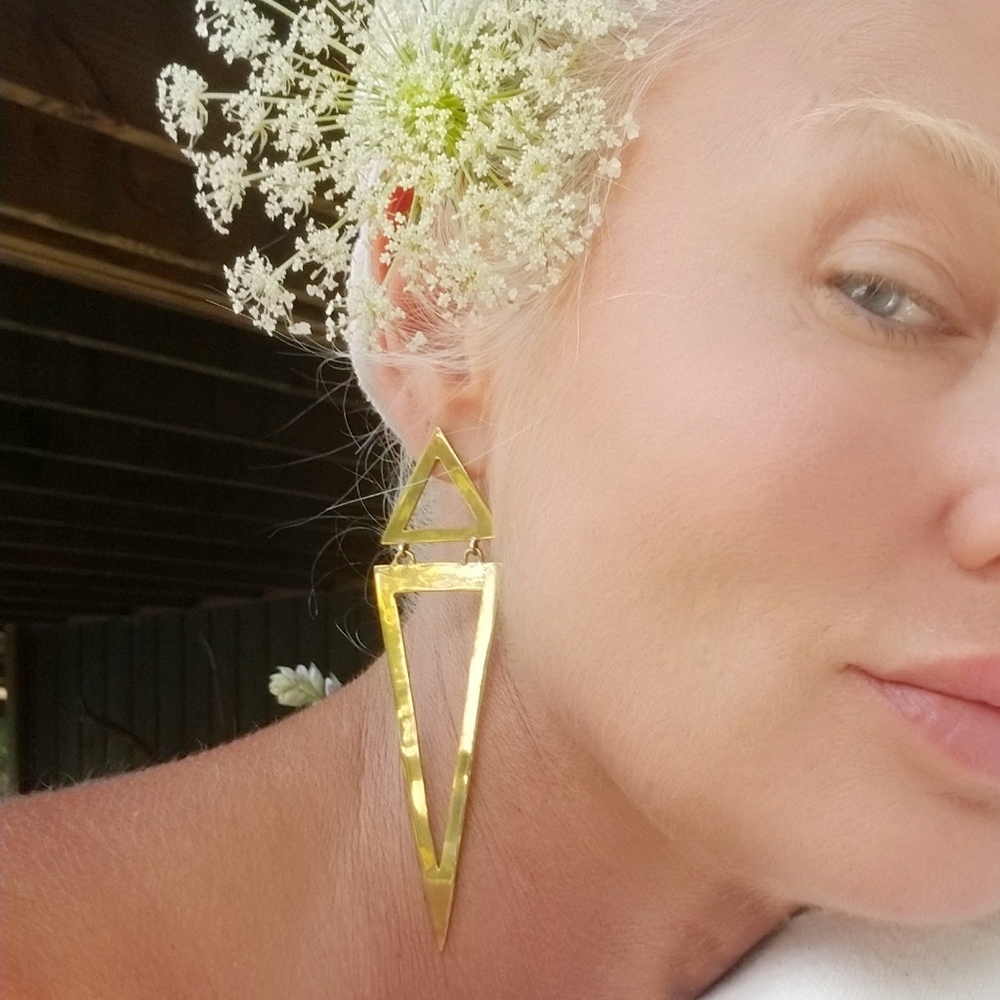 Triangle spike gold brass earrings new